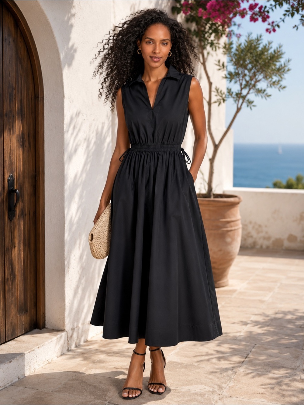 Calvin Klein Sleeveless Cotton Midi Dress Black Size 8 NWT